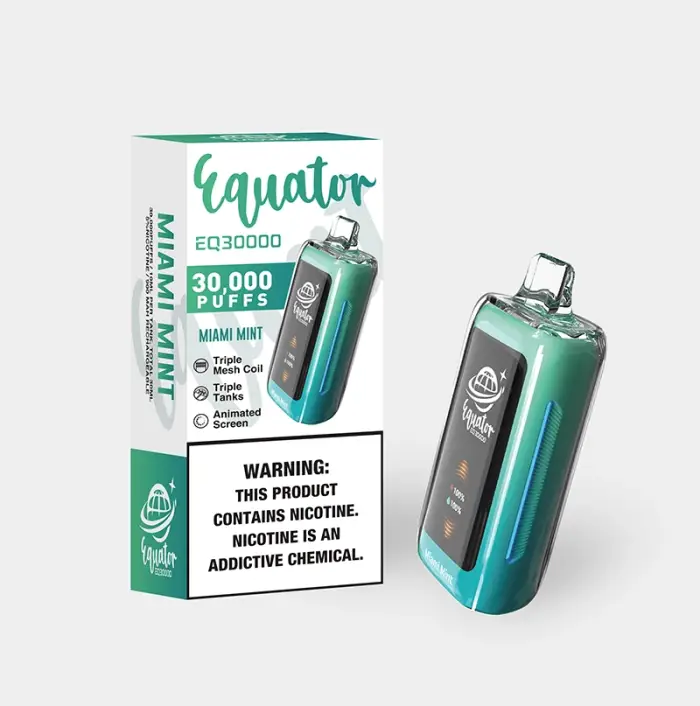 Disposable vape device called ’Equator’ with 30,000 puffs and a metallic teal exterior.