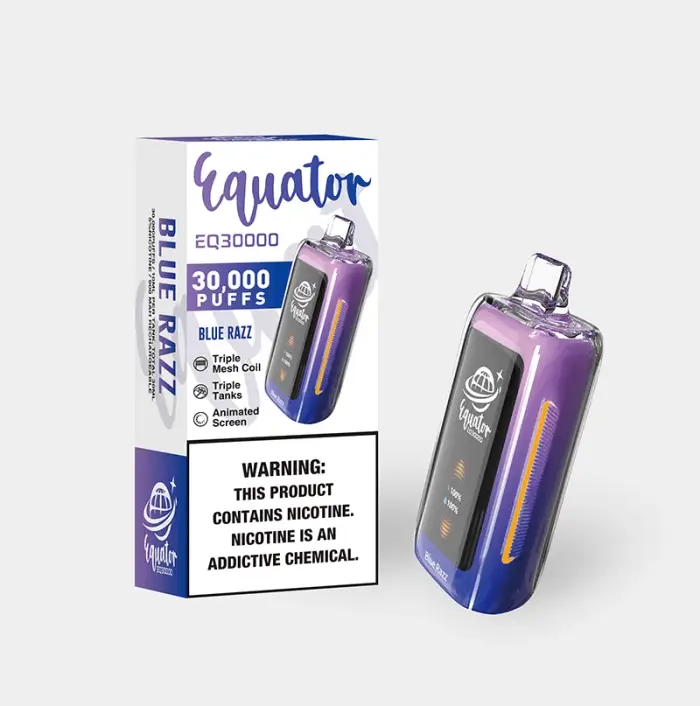 Disposable vape device with purple and blue gradient coloring and product packaging.