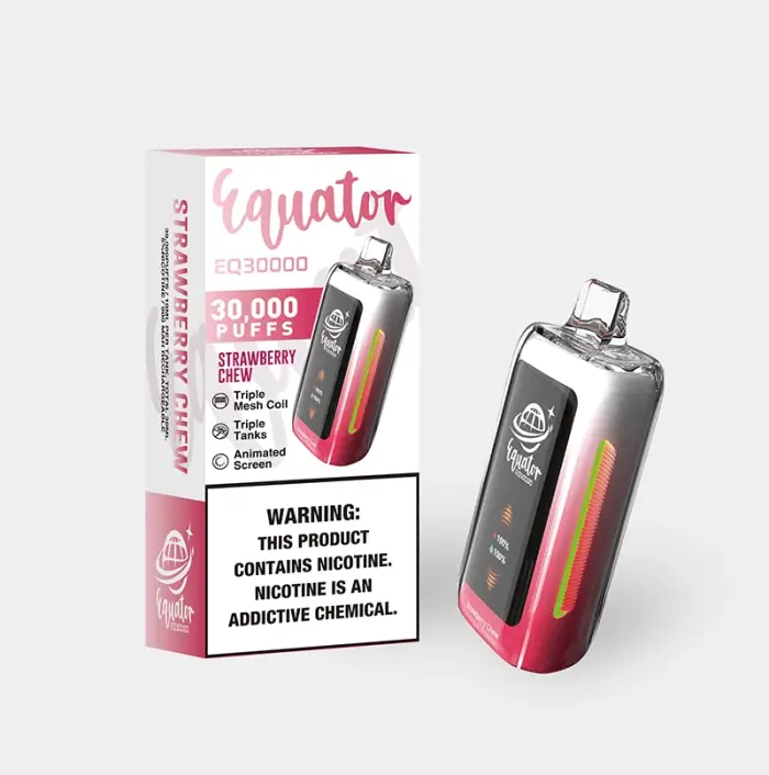 Disposable vape device with its packaging, branded as ’Equator’ and featuring a strawberry banana flavor.