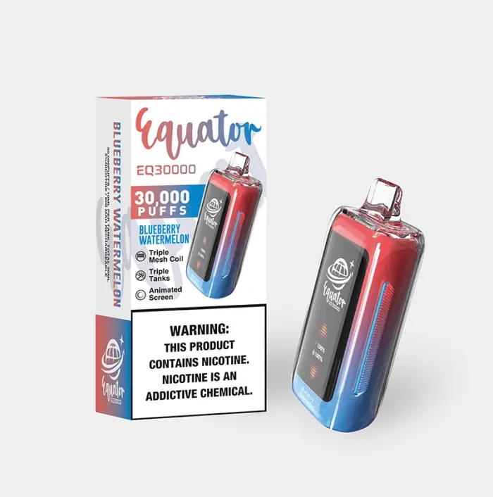 Disposable vape device with red and blue gradient coloring.