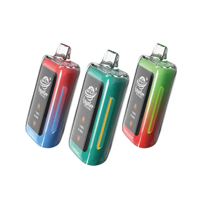 Colorful electronic vaping devices with gradient designs and transparent windows.