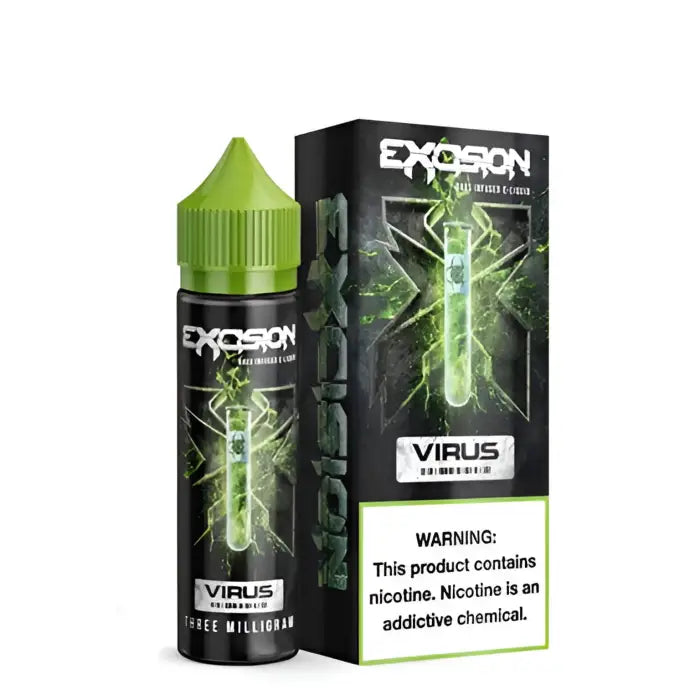 E-liquid bottle and packaging for a vape product called ’Excision Virus’ with green and black color scheme.