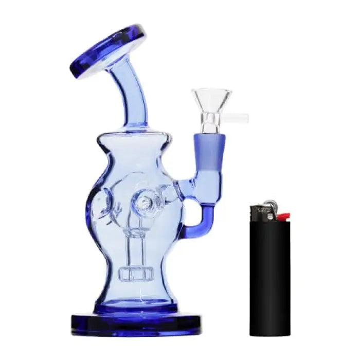 Glass water pipe with a blue tint and curved shape.