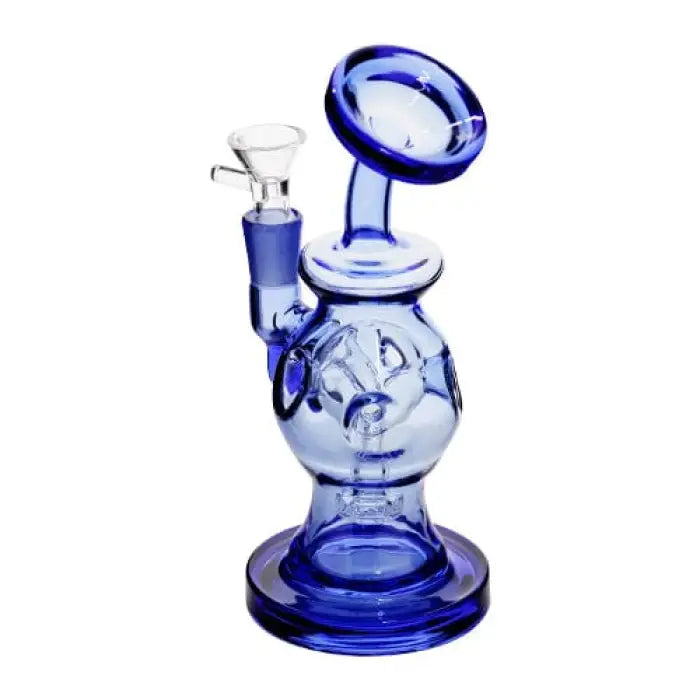 Blue glass water pipe with a spherical chamber and curved neck.