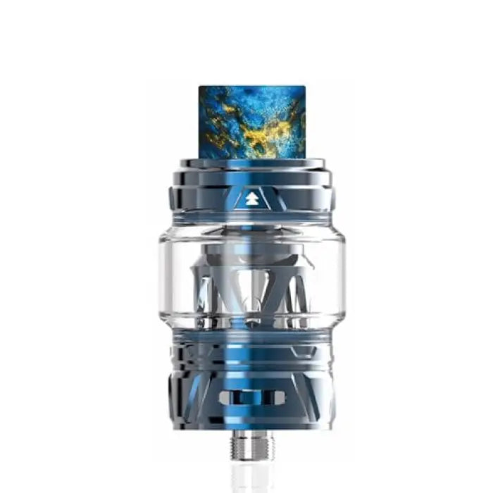 Vaping tank or atomizer with a blue and silver metallic design and decorative drip tip.