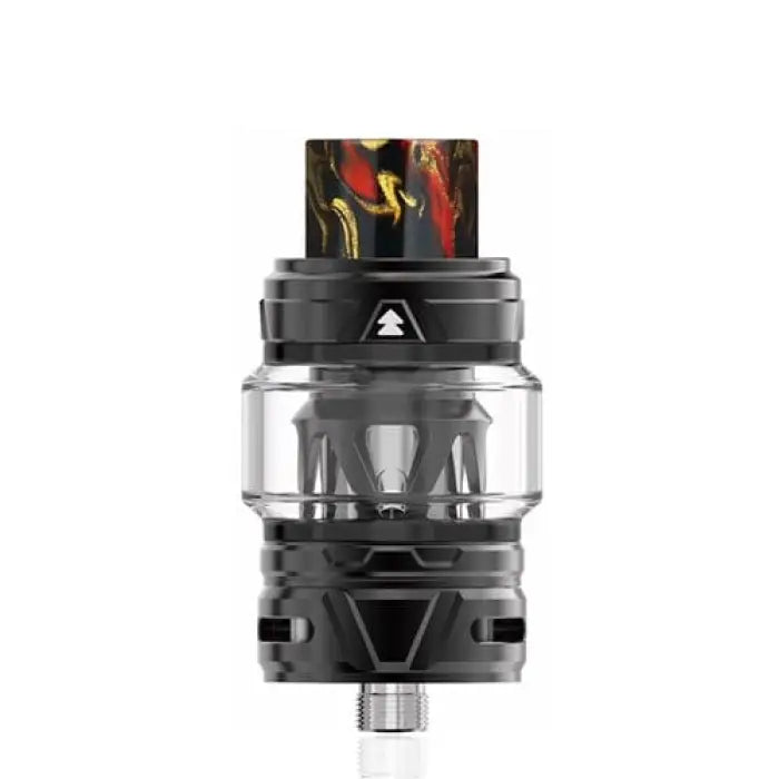 Vaping tank or atomizer with a glass section and decorative drip tip.