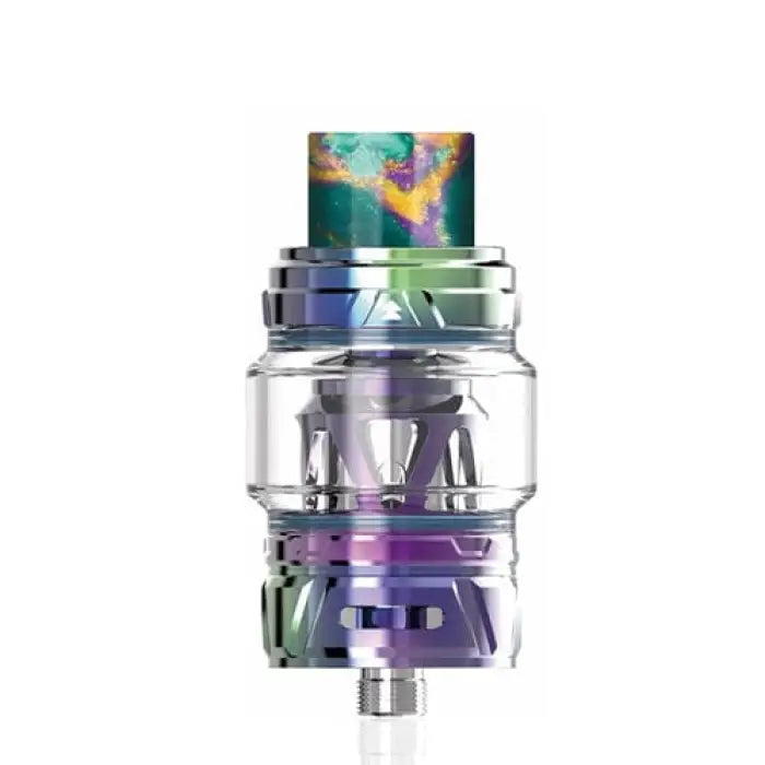 Colorful vaping tank or atomizer with a glass section and metallic components.