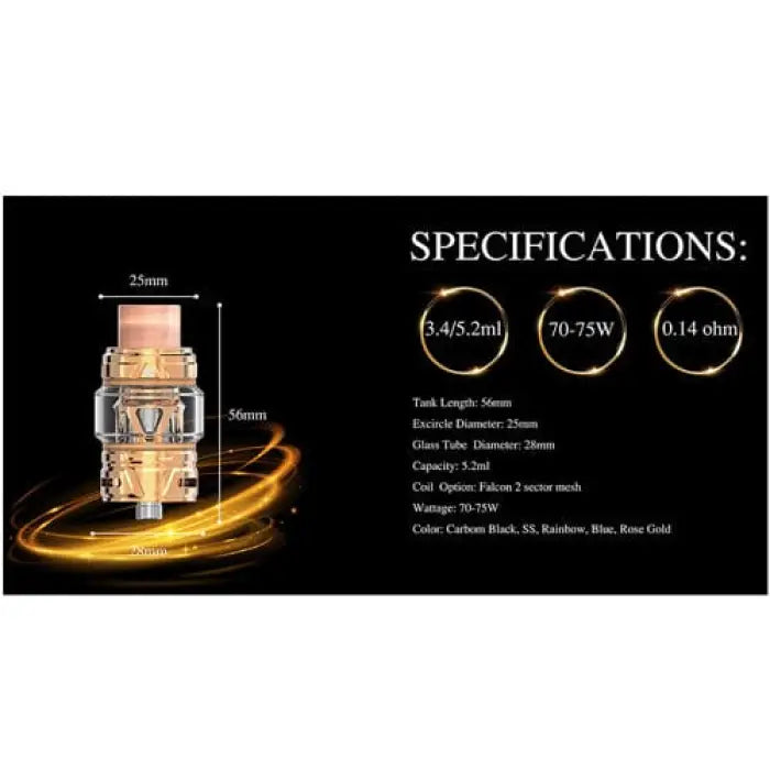 Vaping tank or atomizer with gold-colored components and glass section, shown with technical specifications.