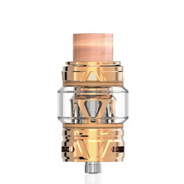 Vaping tank or atomizer with gold-colored metal components and a clear glass section.