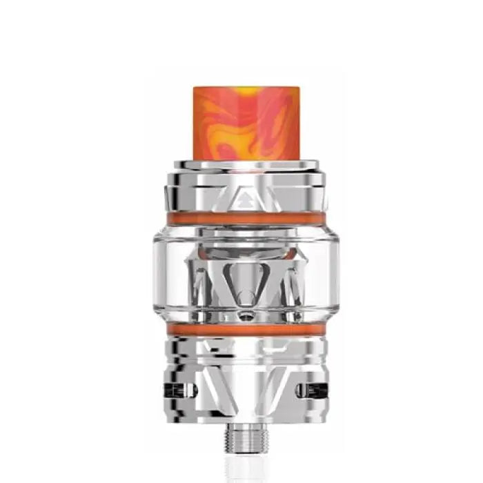 Vaping tank or atomizer with orange-tinted glass and metallic components.