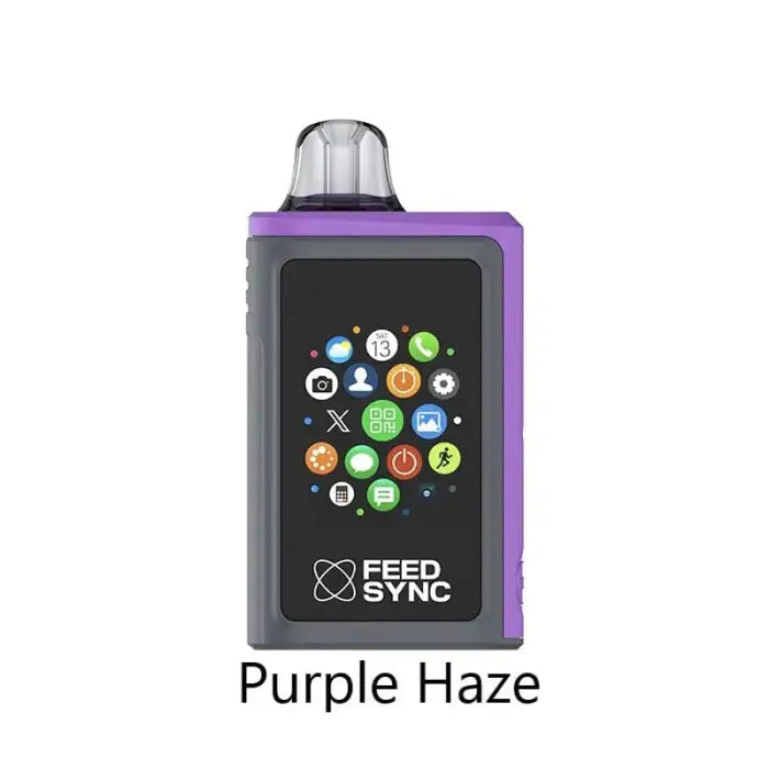 Electronic vaping device with a purple body and a screen displaying colorful app icons.