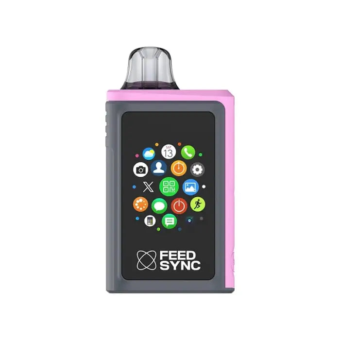 Electronic device with a screen displaying colorful app icons and ’FEED SYNC’ branding.