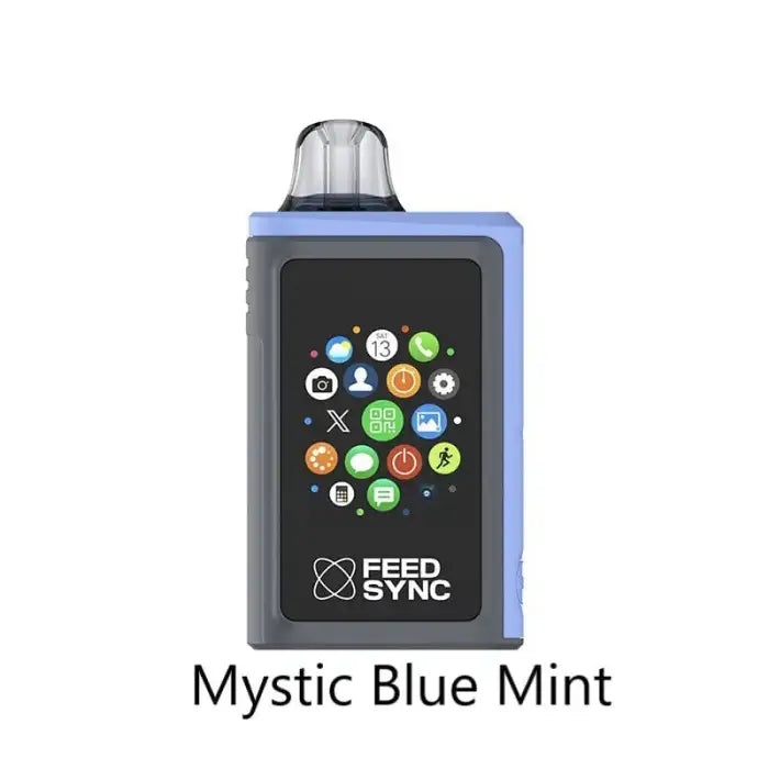 Electronic device with a screen displaying colorful app icons and a light blue casing labeled ’Mystic Blue Mint’.