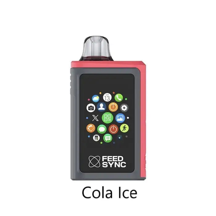 Electronic device with a small screen displaying colorful app icons, labeled ’Feed Sync’ and ’Cola Ice’.