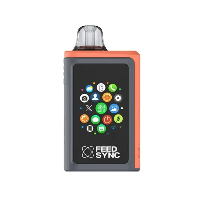 Portable electronic device with a screen displaying colorful app icons and the ’FEED SYNC’ logo.