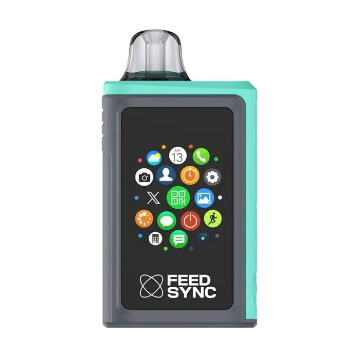 Portable electronic device with a colorful app icon display and ’FEED SYNC’ branding.