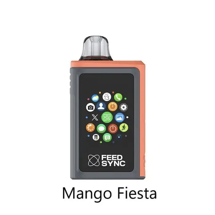 Portable electronic device with a colorful screen and orange accents labeled ’Mango Fiesta’.