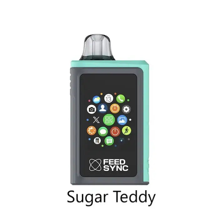 Teal and black electronic device with a screen displaying colorful app icons and ’FEED SYNC’ branding.