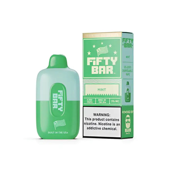 Disposable vape device called ’Fifty Bar’ in mint flavor with green packaging.