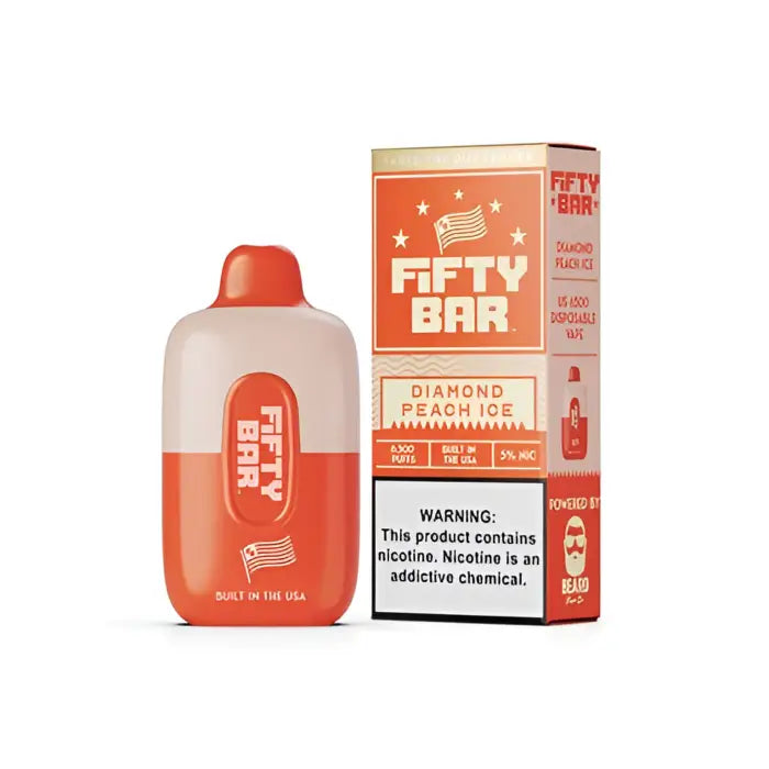 Orange and white plastic bottle labeled ’Fifty Bar’ with its corresponding product packaging box.