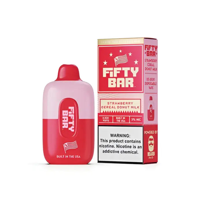 Red and pink bottle-shaped vaping device with accompanying product box.