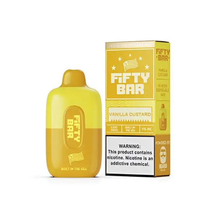 Yellow bottle-shaped vaping device with its packaging labeled ’Fifty Bar’ in vanilla custard flavor.