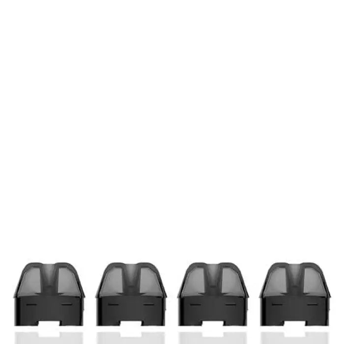 Four identical black electronic vaping pods or cartridges lined up in a row.