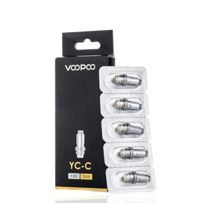 Voopoo YC-C replacement coils in retail packaging with five individual coils visible.