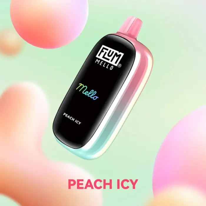 Black and pink electronic vaping device labeled ’Fume Mello’ and ’Peach Icy’.