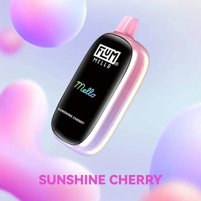 Pink and black vape device labeled ’Flum Mello’ with ’Sunshine Cherry’ flavor.