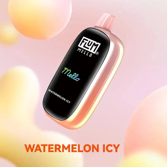 Sleek black vape device with ’FLUM’ branding and ’Watermelon Icy’ flavor label.