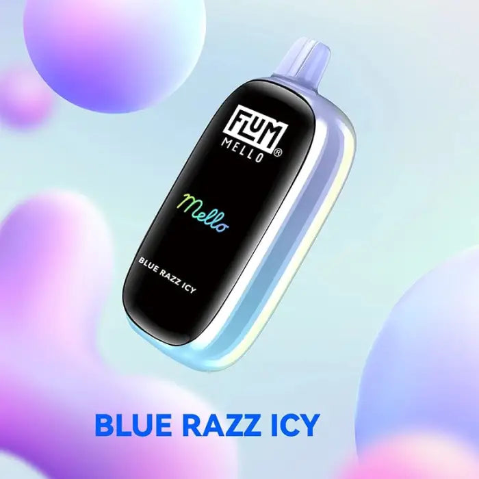 Sleek black vape device with ’FLUM MELLO’ branding and ’Blue Razz Icy’ flavor text.