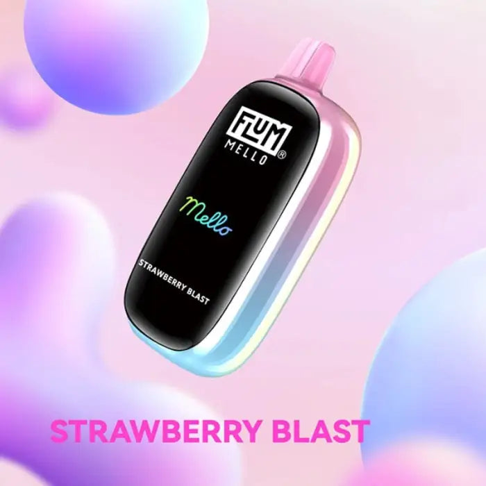 Sleek, futuristic-looking vape device with ’Strawberry Blast’ flavor branding.