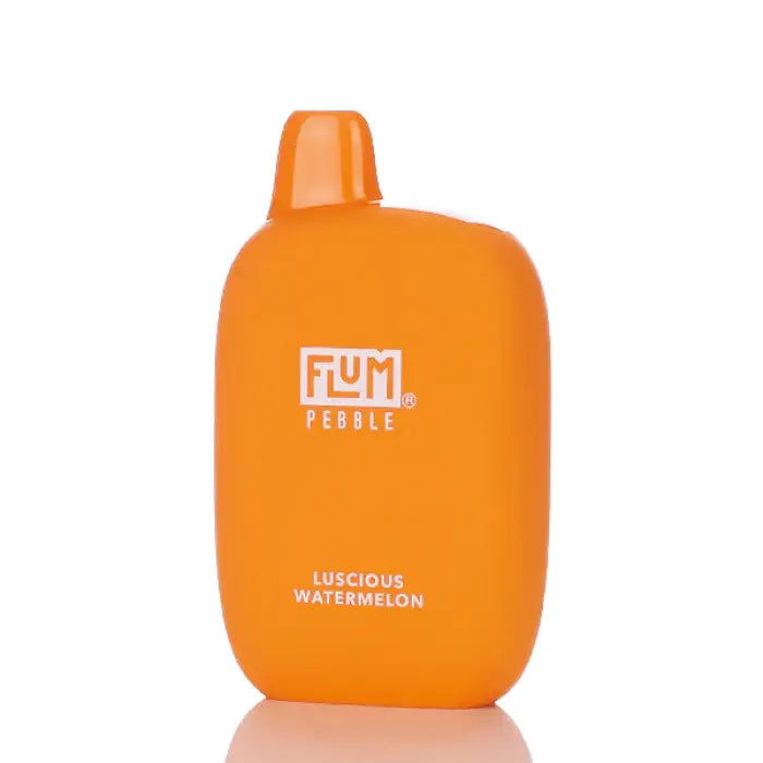 Bright orange plastic flask-shaped container labeled ’Flum Pebble’ and ’Luscious Watermelon’.