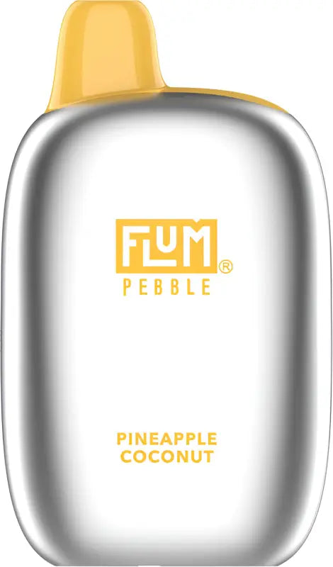 Metallic flask-shaped container with a yellow cap and ’FLUM PEBBLE’ branding, labeled ’PINEAPPLE COCONUT’.