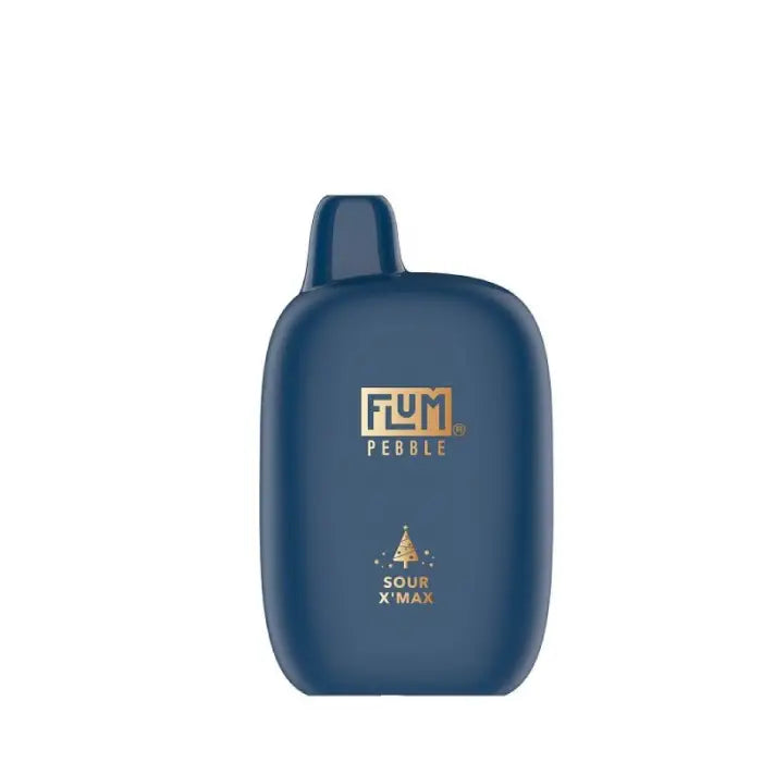 Navy blue flask-shaped container labeled ’FUM PEBBLE’ with ’SOUR X MAX’ text.