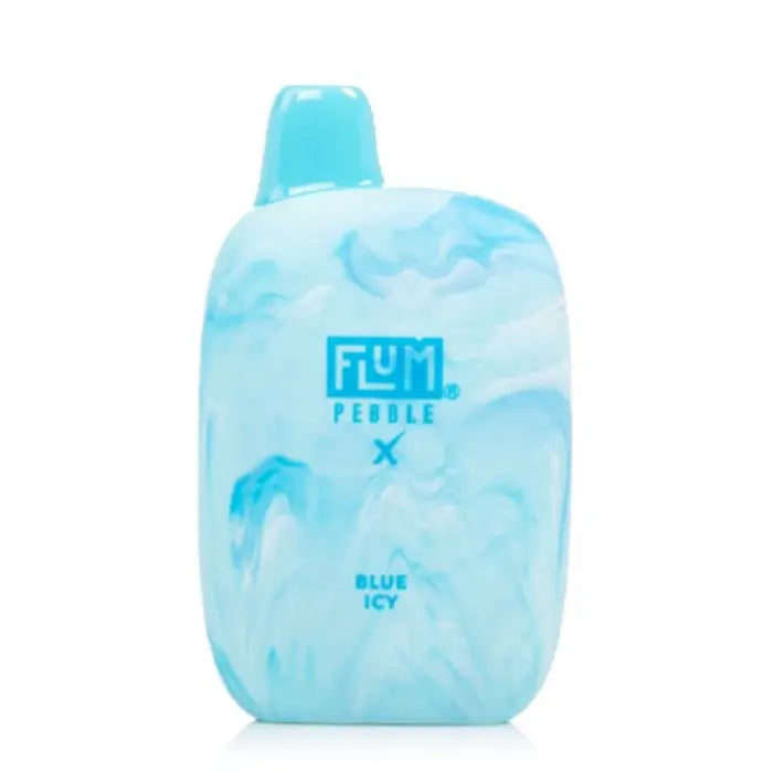 Light blue plastic bottle or container labeled ’FLUM PEBBLE’ and ’BLUE ICY’.