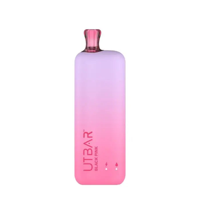 Gradient-colored glass bottle with ’UTBAR’ text and a pink stopper.