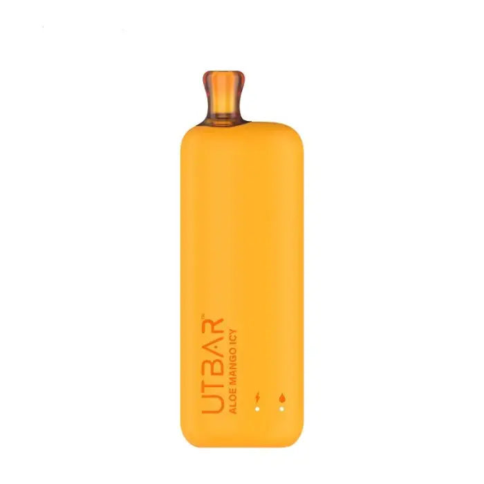 Yellow plastic water bottle with a brown cap and ’UTBAR’ branding.