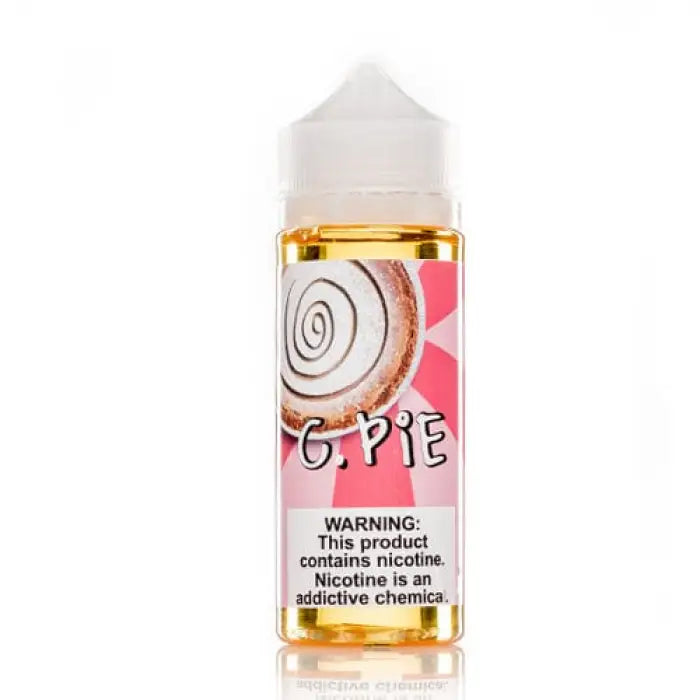 Bottle of e-liquid labeled ’G. Pie’ with a swirl design on pink packaging.