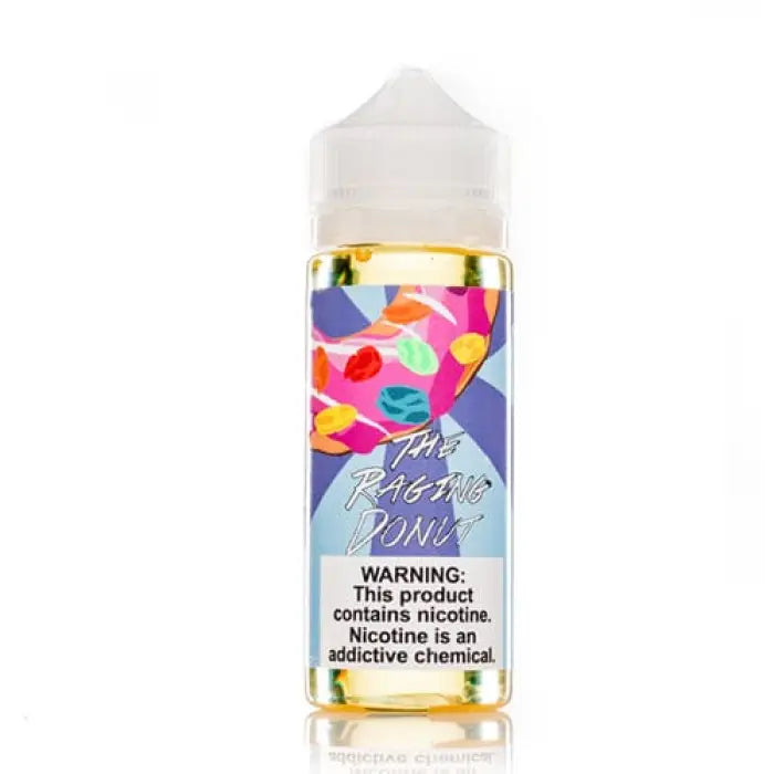 Colorful e-liquid bottle for vaping with a warning label about nicotine.