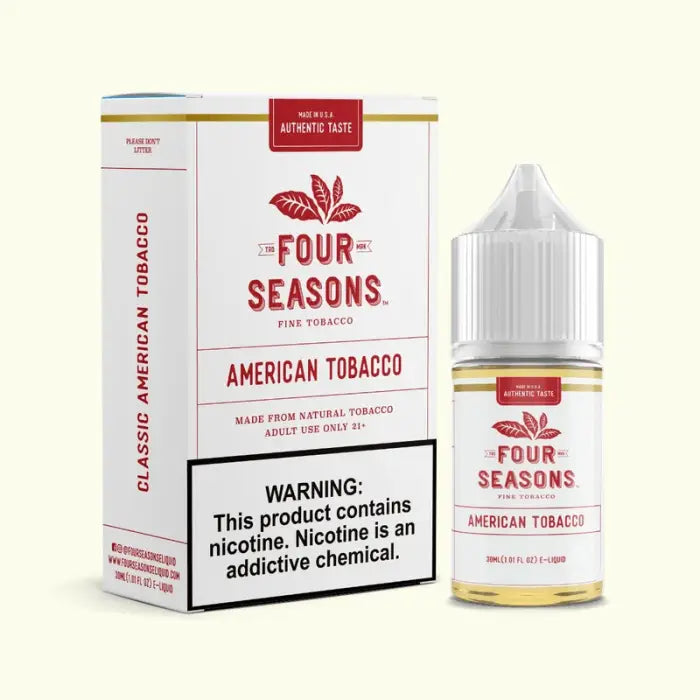 E-liquid bottle and packaging for ’Four Seasons American Tobacco’ flavor.