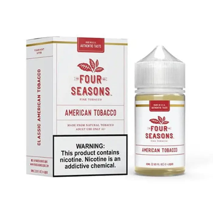 E-liquid bottle and packaging for ’Four Seasons American Tobacco’ flavor.