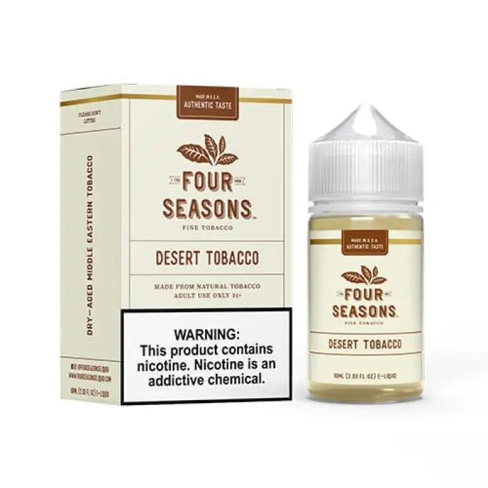 E-liquid bottle and packaging for ’Four Seasons Desert Tobacco’ flavor.