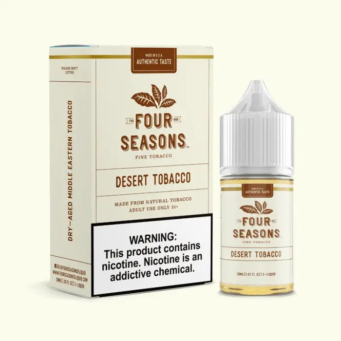 E-liquid bottle and packaging for ’Four Seasons Desert Tobacco’ flavor.