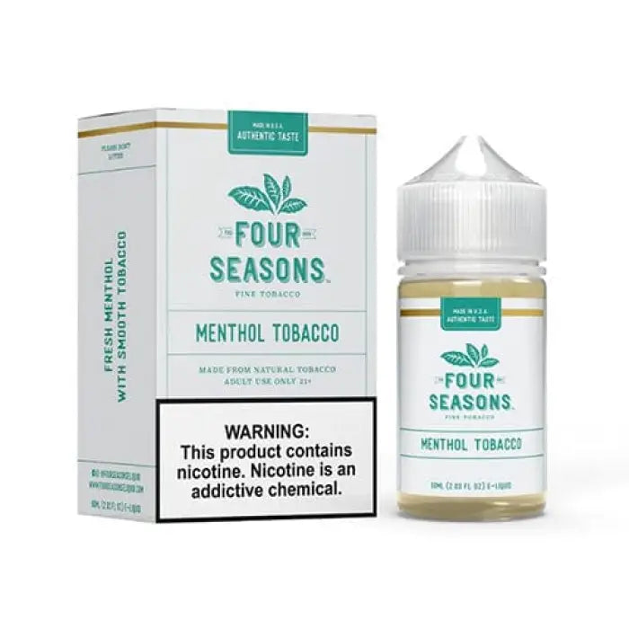 E-liquid bottle and packaging for ’Four Seasons’ menthol tobacco flavor.