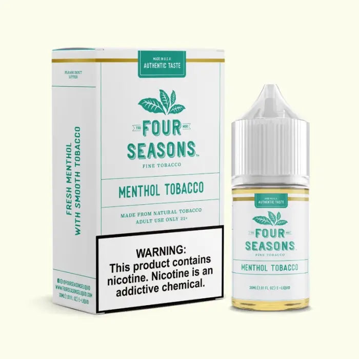 E-liquid bottle and packaging for ’Four Seasons’ menthol tobacco flavor.