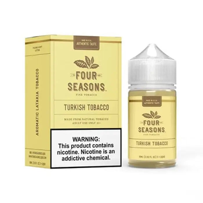 E-liquid bottle and packaging for ’Four Seasons Turkish Tobacco’ flavor.