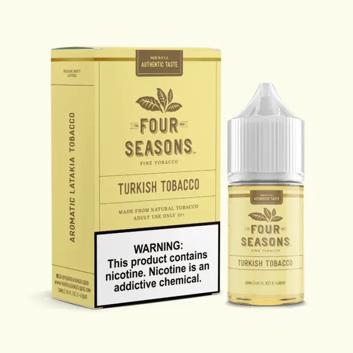 E-liquid bottle and packaging for ’Four Seasons Turkish Tobacco’ flavor.