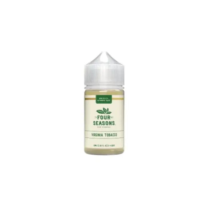 Bottle of e-liquid labeled ’Four Seasons Virginia Tobacco’ with a green leaf logo.